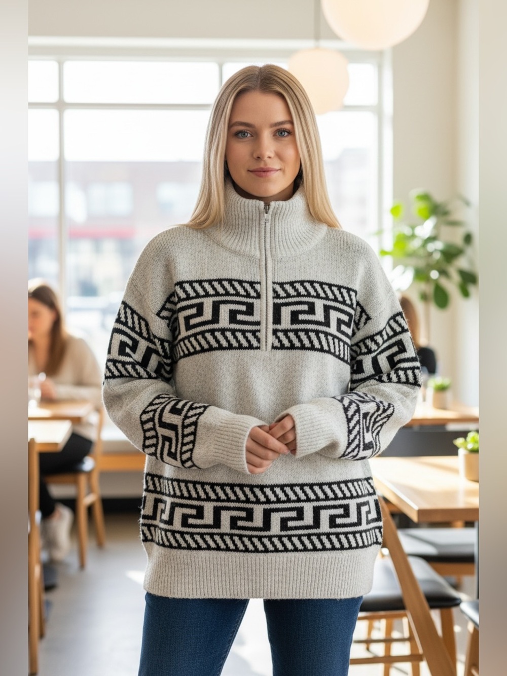 Cozy Half Zip Turtleneck Sweater Grey/Black Sz S